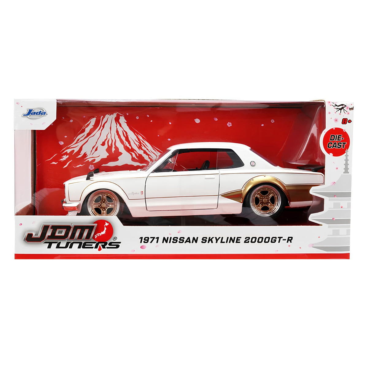 Jada Toys JDM Tuners 1971 Nissan Skyline 2000GT-R 1:24 Scale Diecast Model Car β White & Gold Japanese Classic Sports Car Collectible
