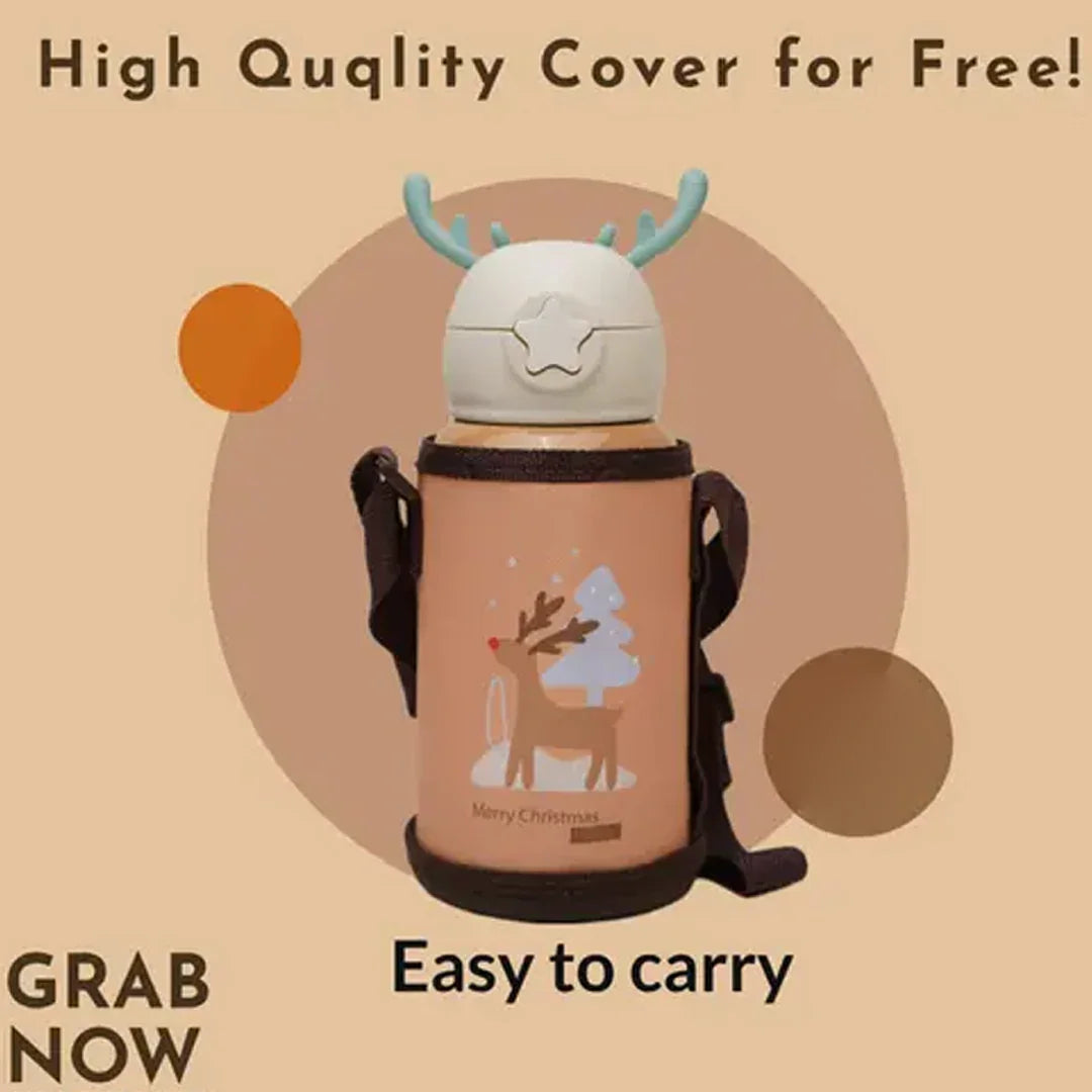 Deer Stainless Steel Water Bottle For Kids with carry bag, additional cup and sipper 500 ML (Beige) - Jaiman Toys