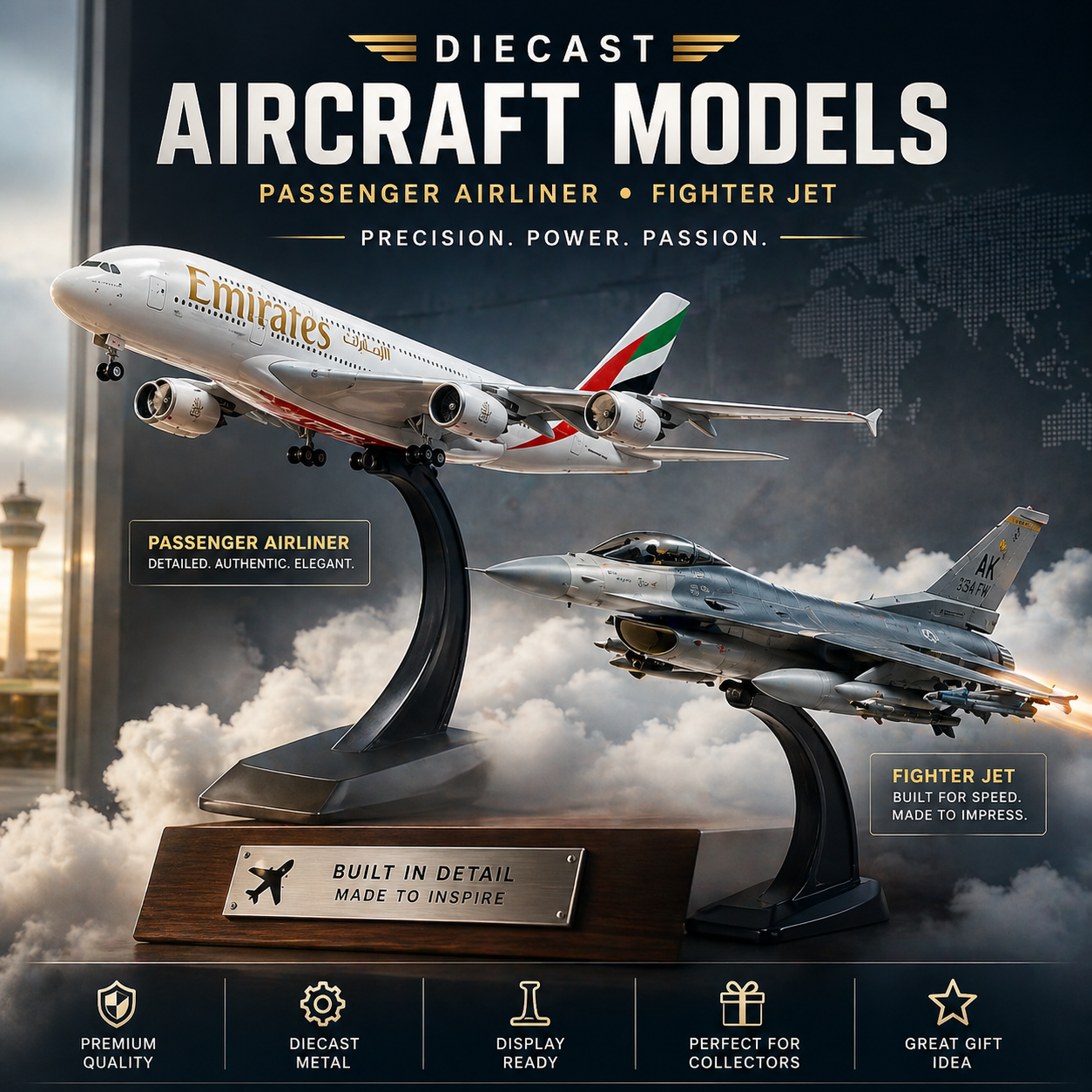 Colorful toy airplane illustration featuring various diecast planes on blue background.