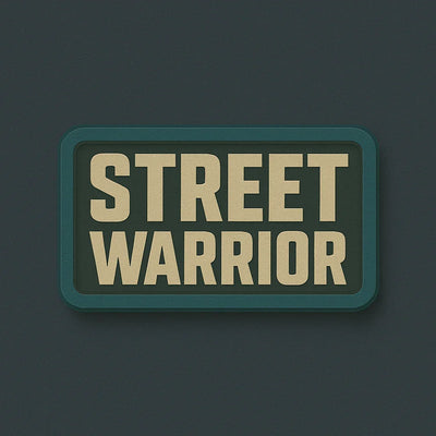STREET WARRIOR logo in bold beige text on dark green rounded rectangle background