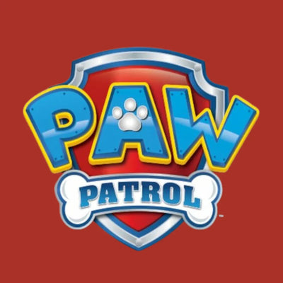 PAW Patrol logo with blue and yellow text on a red shield, kids cartoon branding