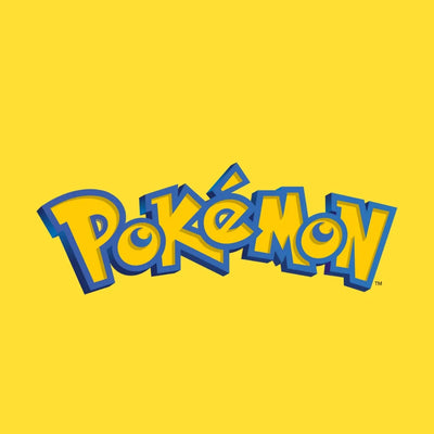 Pokémon logo in blue and yellow on bright yellow background, kids collectible toy branding