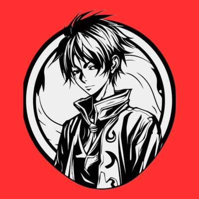 black and white anime character with spiky hair and detailed jacket on red background