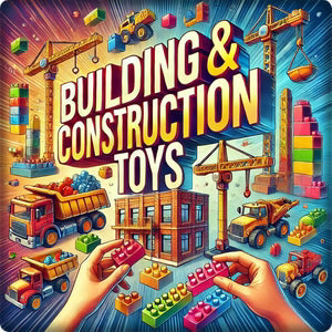 Toy construction site with children, building blocks, crane, and trucks for kids.