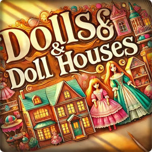 Cute pastel dollhouse with dolls and miniature furniture, surrounded by clouds and toys.