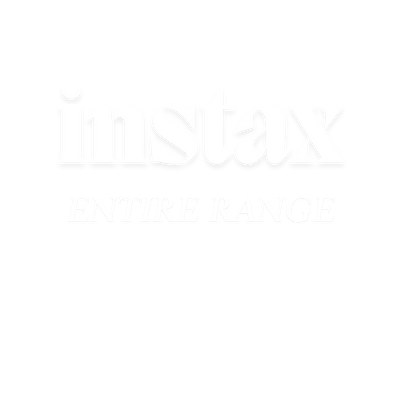 Instax Fujifilm camera logo on white background with yellow border, photography product