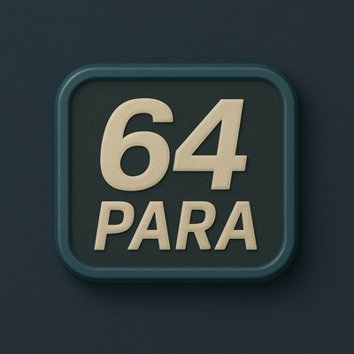 Square badge with 64 PARA text in bold cream letters on a dark green background.