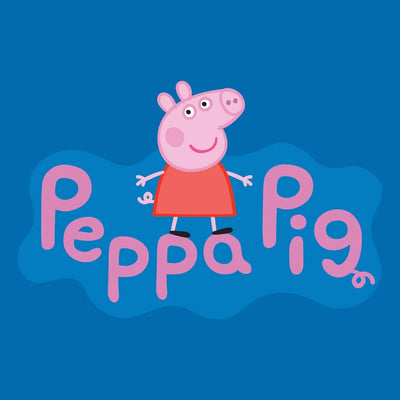 Peppa Pig cartoon character standing above Peppa Pig logo on a blue background.