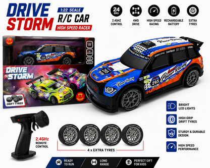 Drive Storm 1:22 Scale RC Drifting Racing Car with 2.4GHz Remote Control, LED Lights & Extra Drift Tyres – High Speed Rechargeable Toy Car for Kids