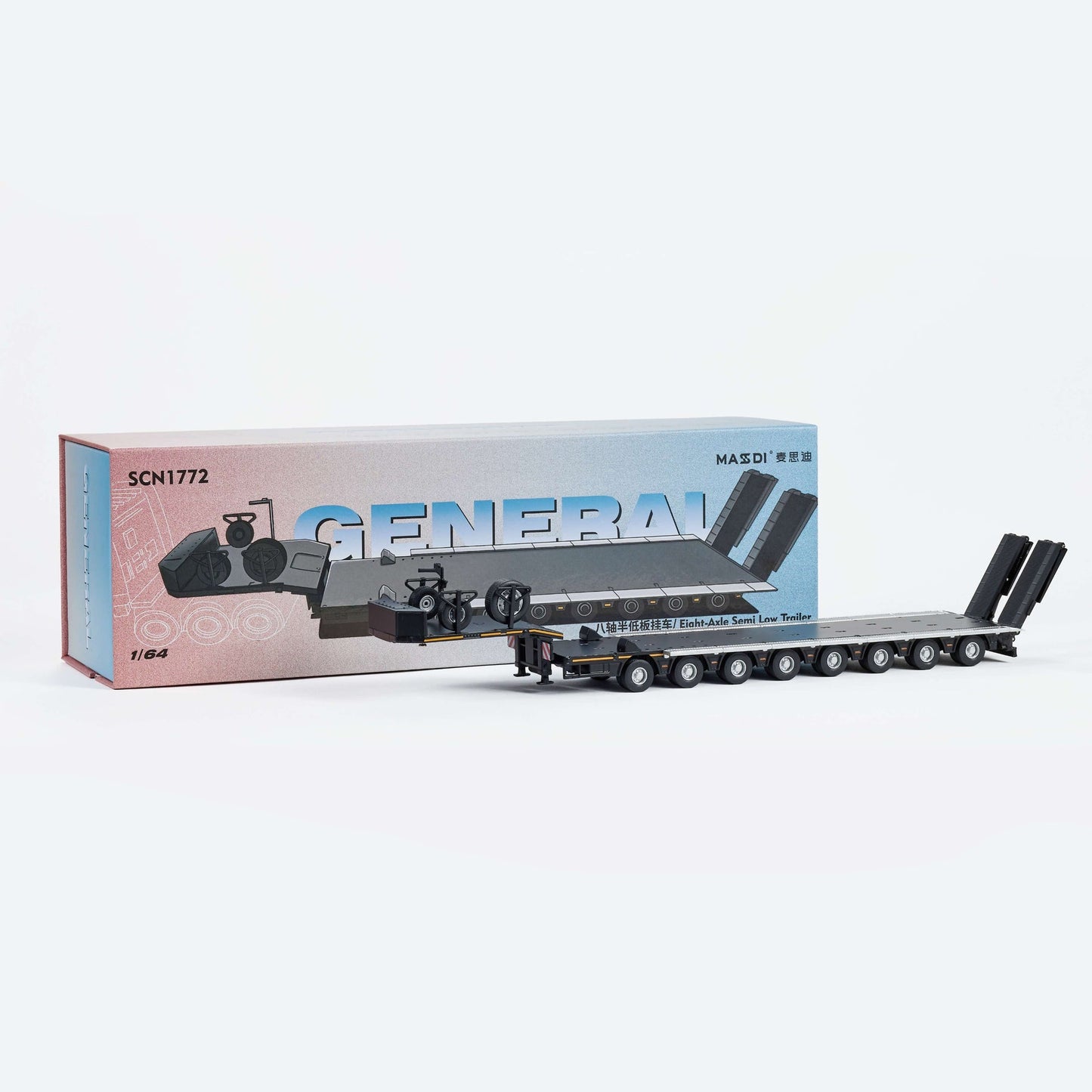 Massdi Scania Eight-Axis Semi-Low Deck Trailer 1:64 Scale Die-Cast Model Trailer – Heavy Haul Transport Collectible (Black)