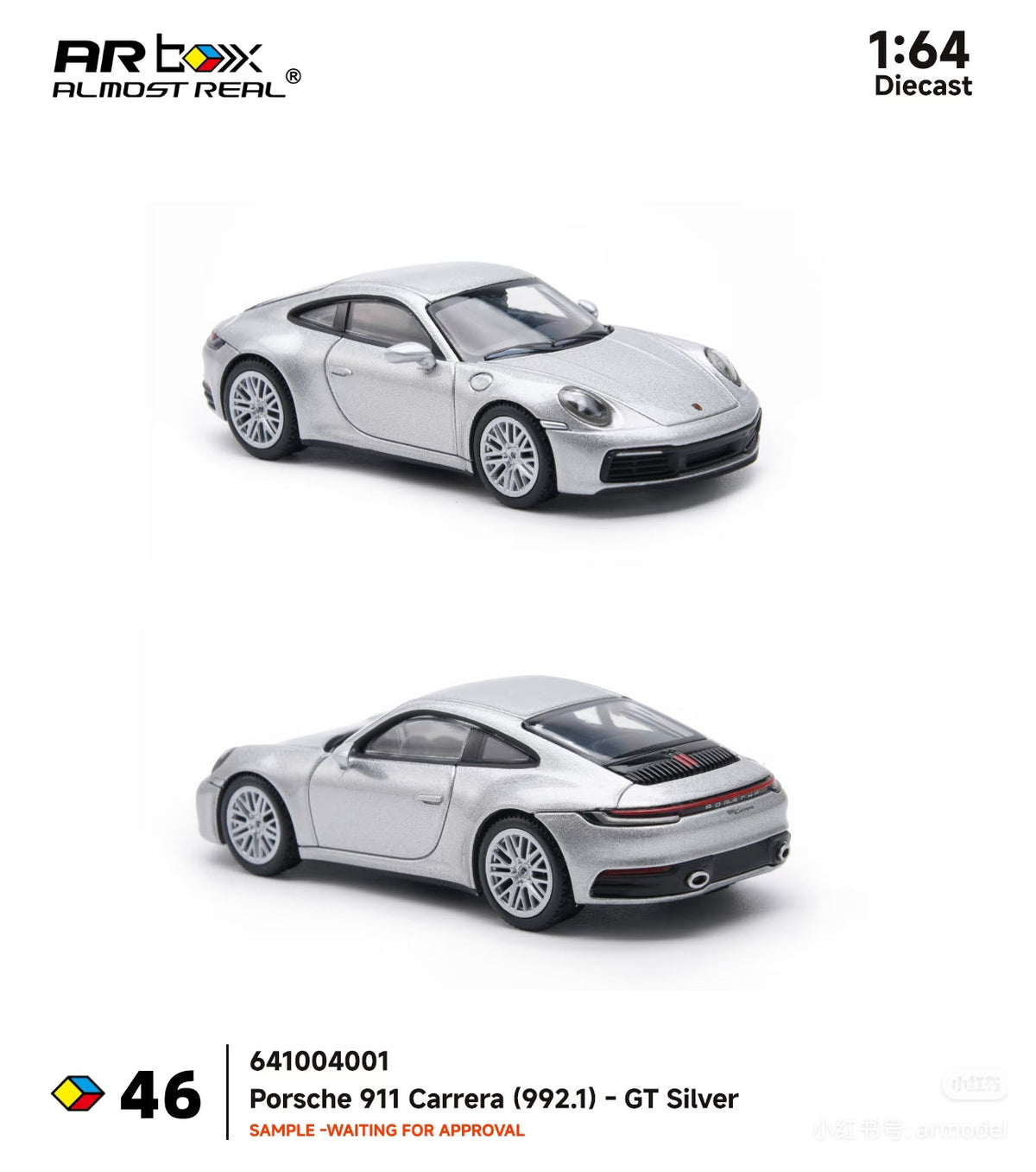 Almost Real 1:64 Porsche 911 Carrera (992.1) GT Silver Die-Cast Sports Car Model – AR Box #46