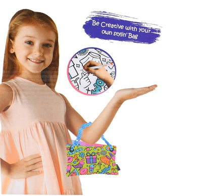 Mirada Colour Me Pretty Funky Purse DIY Craft Kit for Kids | Color Your Own Handbag Set with 5 Permanent Fabric Markers & Chain Strap