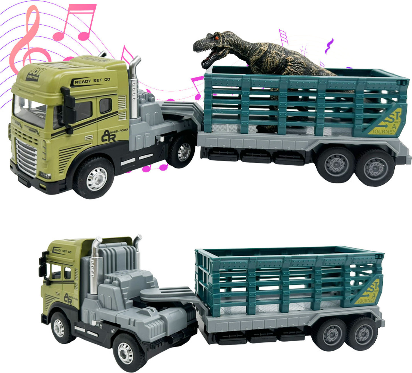 Joy Junction 1:24 Scale Alloy Animal Trailer Truck Toy with Dinosaur, Light & Sound – 29 cm Large Truck