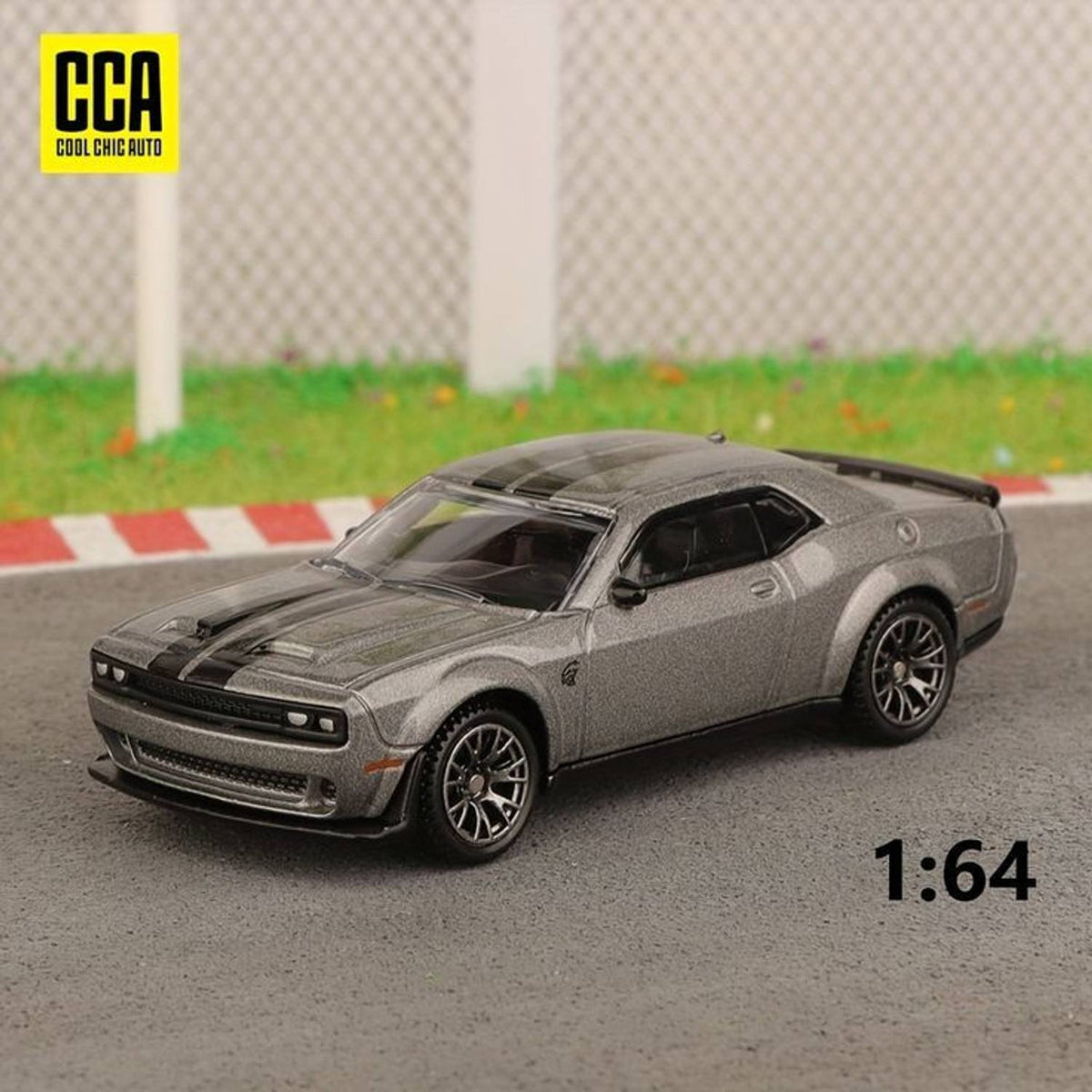 CCA 1:64 2022 Dodge Challenger SRT Jailbreak S21-02 Die-Cast Model Car – Grey | American Muscle Car Collectible with Black Racing Stripes