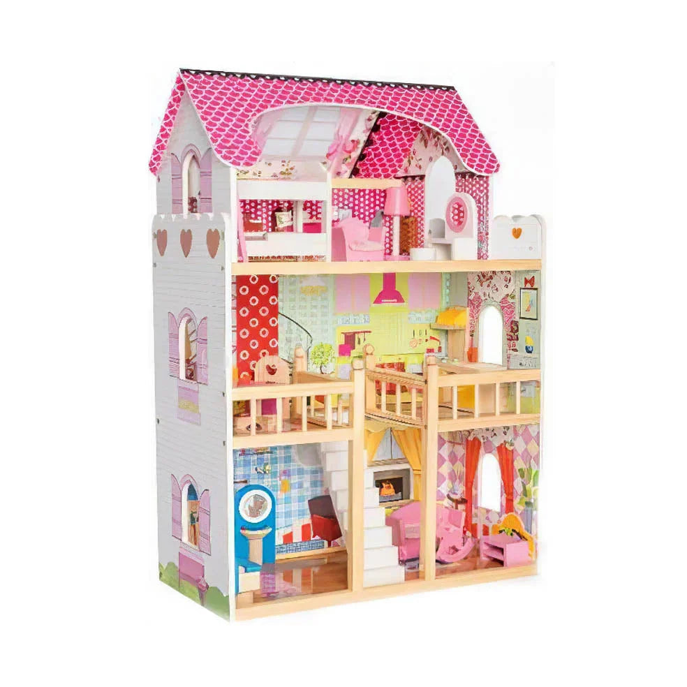 Dreamy Hearts Wooden Dollhouse – Multi-Story Pretend Play Villa with Furniture - Jaiman Toys