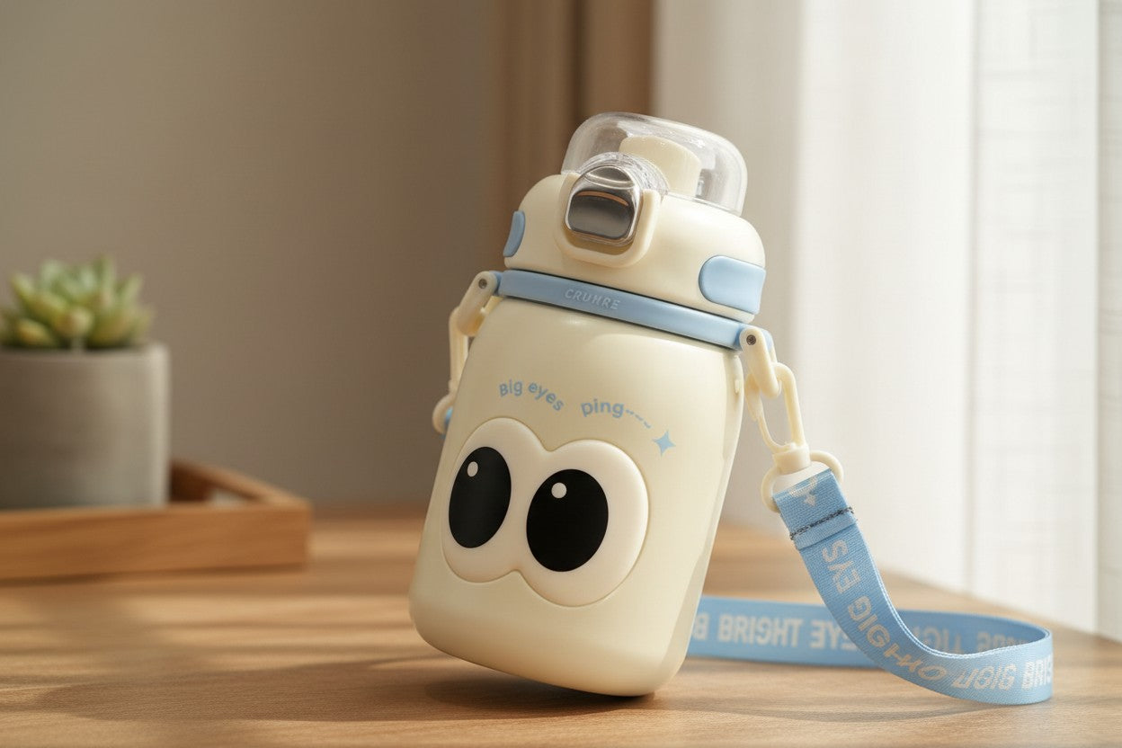 Cute Big Eyes Ding Insulation Cup Cartoon Portable Double Drinking Straw Cup 550 ML (White)