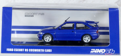 INNO64 Ford Escort RS Cosworth (LHD) Blue 1:64 Scale Die-Cast Model Car | Premium Ford Rally Collectible Miniature, Detailed Interior, Rubber Tires, Authentic Replica with Display Case & Collector Box