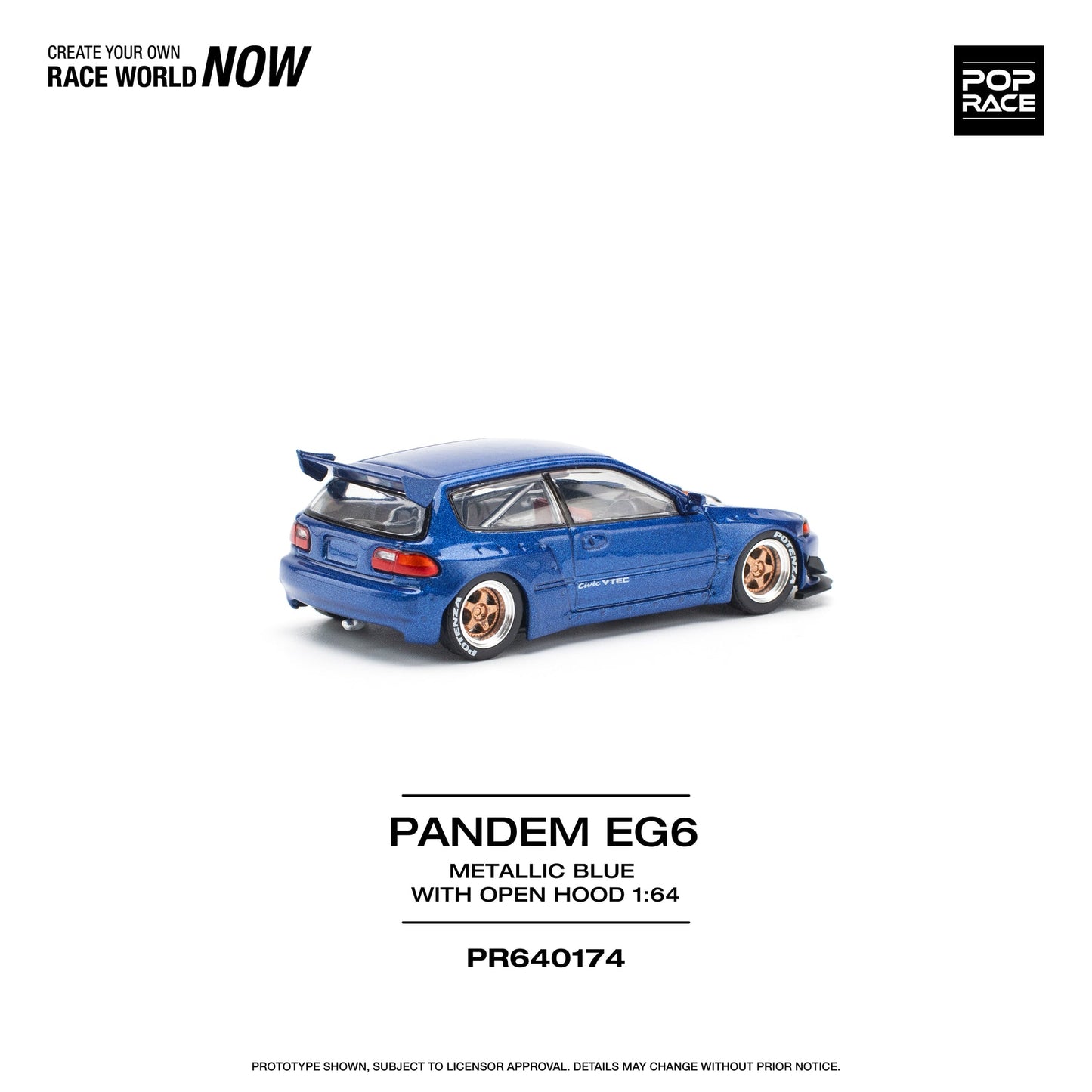 POP RACE 1:64 Pandem Honda Civic EG6 Metallic Blue with Opening Hood Diecast Model Car | PR640174 | Official Licensed Collectible