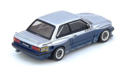 INNO64 BMW E30 M3 Pandem Rocket Bunny 1:64 Scale Die-Cast Model Car | Premium Resin-Quality Collectible Display Vehicle with Detailed Interior, Widebody Aero Kit, Realistic Wheels & Acrylic Display Case | Silver & Blue