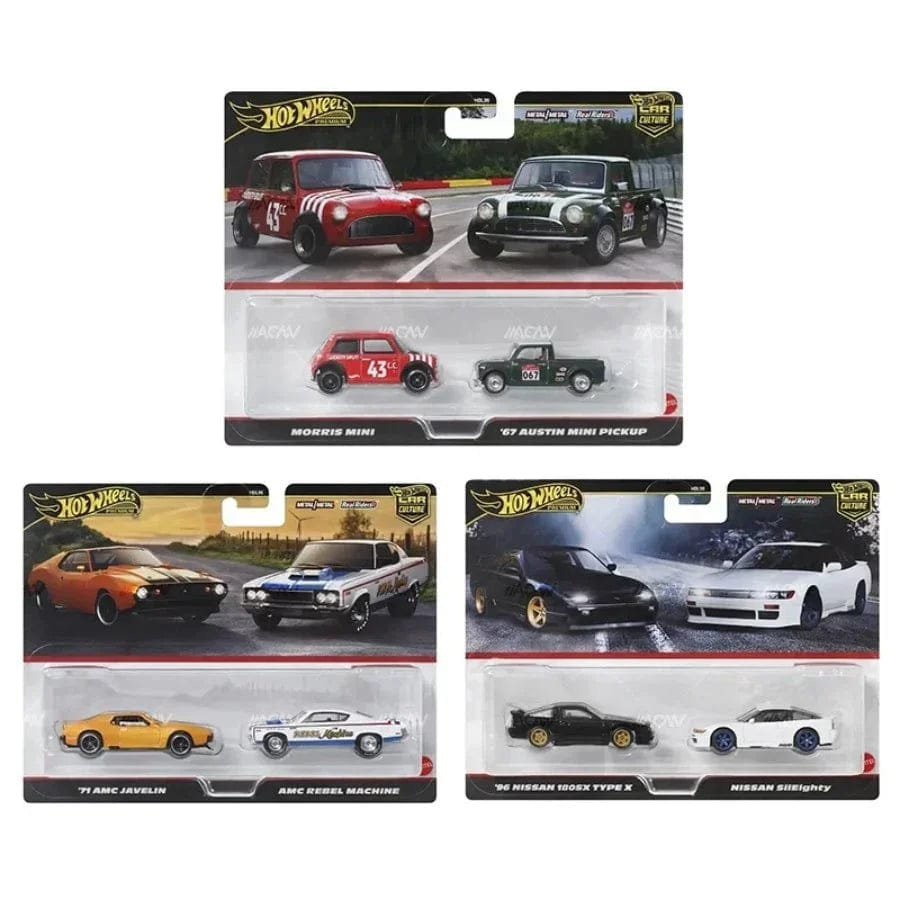 Hot Wheels Car Culture 2-Car Premium Set Diecast Collection | Morris Mini & Austin Mini Pickup | AMC Javelin & Rebel Machine | Nissan 180SX Type X & Nissan SilEighty | 1:64 Scale Collectible-  Set of 3  - Ages 3+