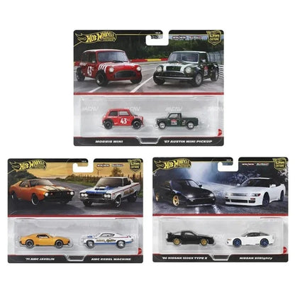 Hot Wheels Car Culture 2-Car Premium Set Diecast Collection | Morris Mini & Austin Mini Pickup | AMC Javelin & Rebel Machine | Nissan 180SX Type X & Nissan SilEighty | 1:64 Scale Collectible-  Set of 3  - Ages 3+