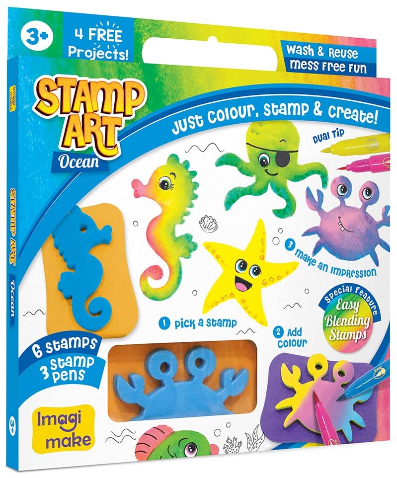 Imagi Make Stamp Art Ocean Activity Set | Wash & Reuse Colouring Craft Kit with 6 Ocean Animal Stamps & 3 Dual-Tip Stamp Pens | Creative Art & DIY Activity for Kids