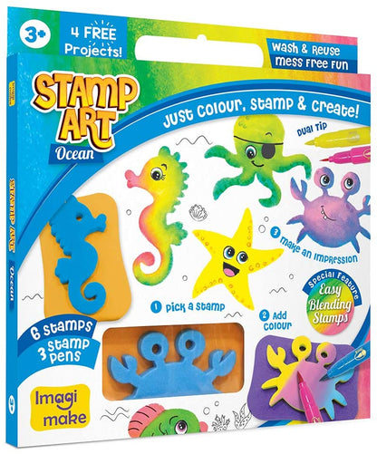 Imagi Make Stamp Art Ocean Activity Set | Wash & Reuse Colouring Craft Kit with 6 Ocean Animal Stamps & 3 Dual-Tip Stamp Pens | Creative Art & DIY Activity for Kids