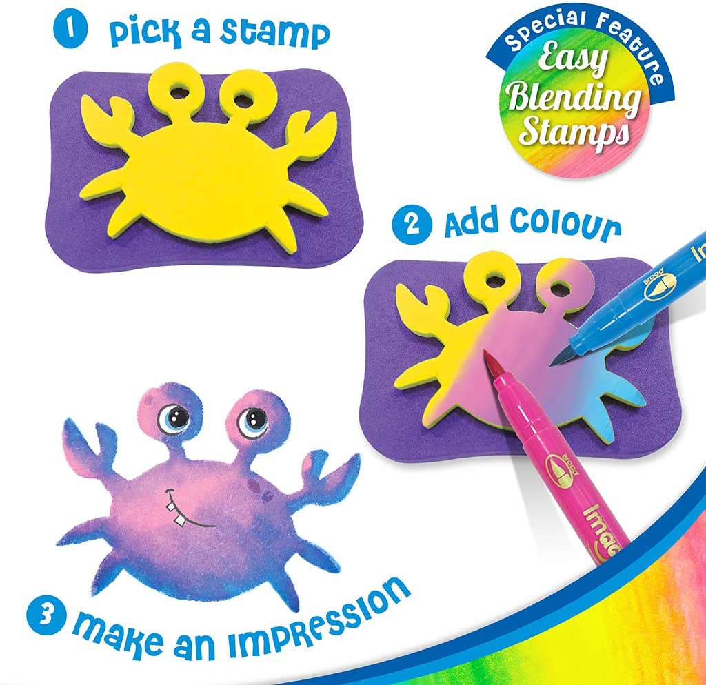 Imagi Make Stamp Art Ocean Activity Set | Wash & Reuse Colouring Craft Kit with 6 Ocean Animal Stamps & 3 Dual-Tip Stamp Pens | Creative Art & DIY Activity for Kids