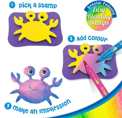 Imagi Make Stamp Art Ocean Activity Set | Wash & Reuse Colouring Craft Kit with 6 Ocean Animal Stamps & 3 Dual-Tip Stamp Pens | Creative Art & DIY Activity for Kids