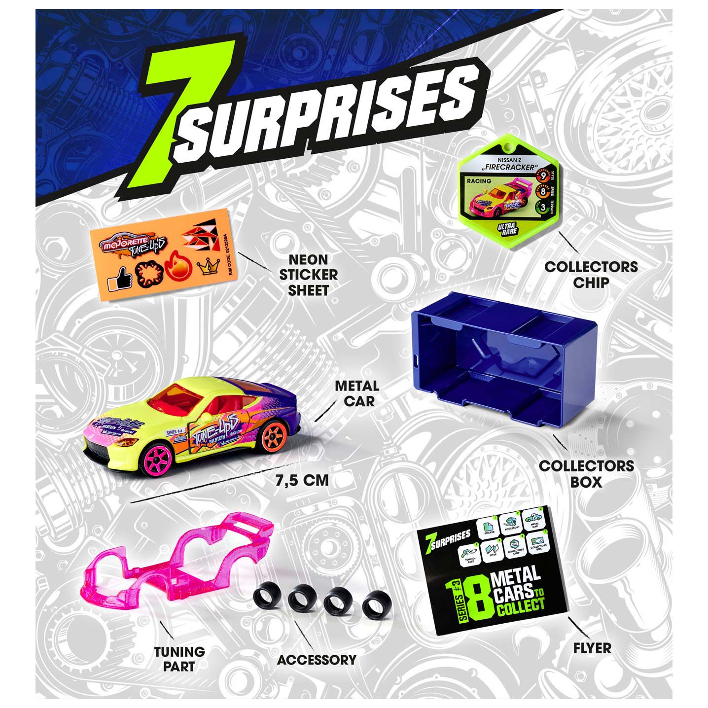 Majorette Tune-Ups Series #3 Surprise Metal Cars | Neon Effects | 7-in-1 Mystery Pack |  Die-Cast Car to Collect | Ages 5+