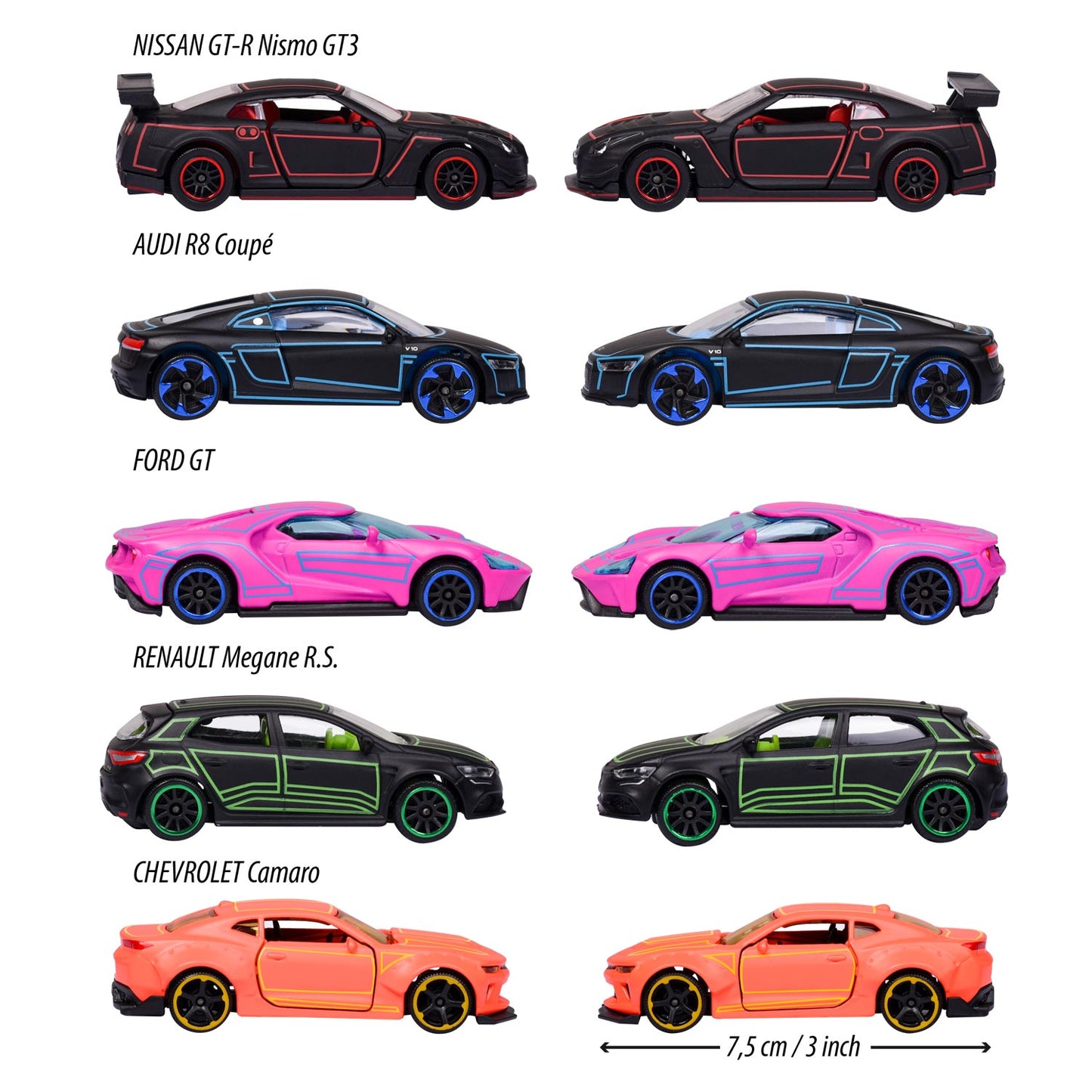 Majorette Light Racer Diecast Car Gift Pack – Set of 5 Neon Style Metal Cars | 1:64 Scale Collectible Vehicles with Opening Parts