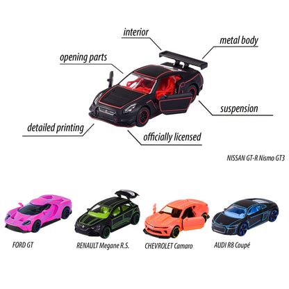 Majorette Light Racer Diecast Car Gift Pack – Set of 5 Neon Style Metal Cars | 1:64 Scale Collectible Vehicles with Opening Parts