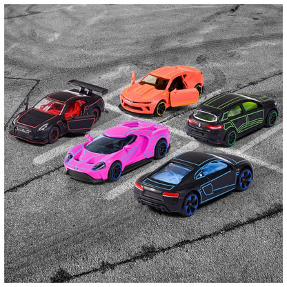 Majorette Light Racer Diecast Car Gift Pack – Set of 5 Neon Style Metal Cars | 1:64 Scale Collectible Vehicles with Opening Parts