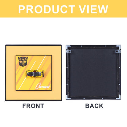 "Transform Your Space: Yellow Transformer Logo Die-Cast Model Car Decorative Wall Frame"