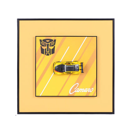 "Transform Your Space: Yellow Transformer Logo Die-Cast Model Car Decorative Wall Frame"