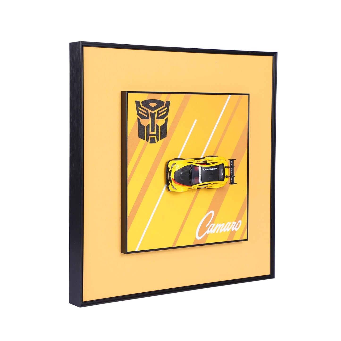 "Transform Your Space: Yellow Transformer Logo Die-Cast Model Car Decorative Wall Frame"