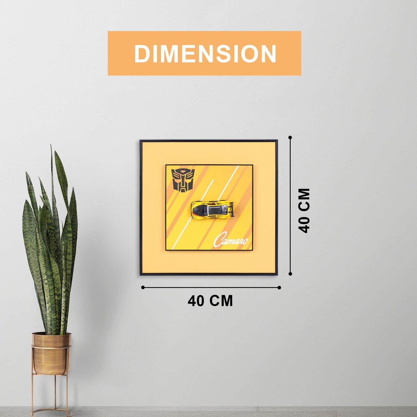 "Transform Your Space: Yellow Transformer Logo Die-Cast Model Car Decorative Wall Frame"