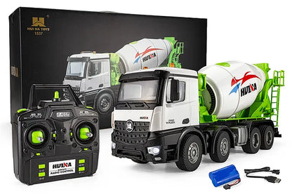 Huina 1537 1:14 Professional RC Alloy Concrete Mixer Truck | 12-Function 2.4GHz Remote Control Construction Vehicle with Rotating Drum, LED Lights & Rechargeable Battery