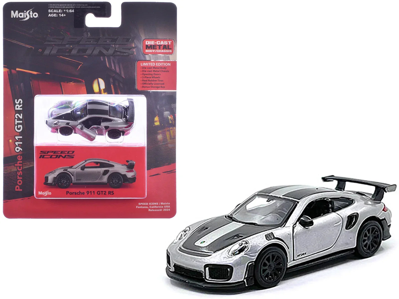 Porsche 911 GT2 RS – Silver Metallic w/ Carbon Stripes | Speed Icons Series 1:64 Diecast Model - Jaiman Toys