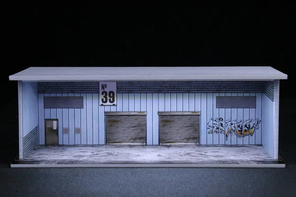 M-COOL Premium 1:64 Scale Double Garage Diorama Display with Industrial Warehouse Scene | Blue Collectible Model Car Display Base
