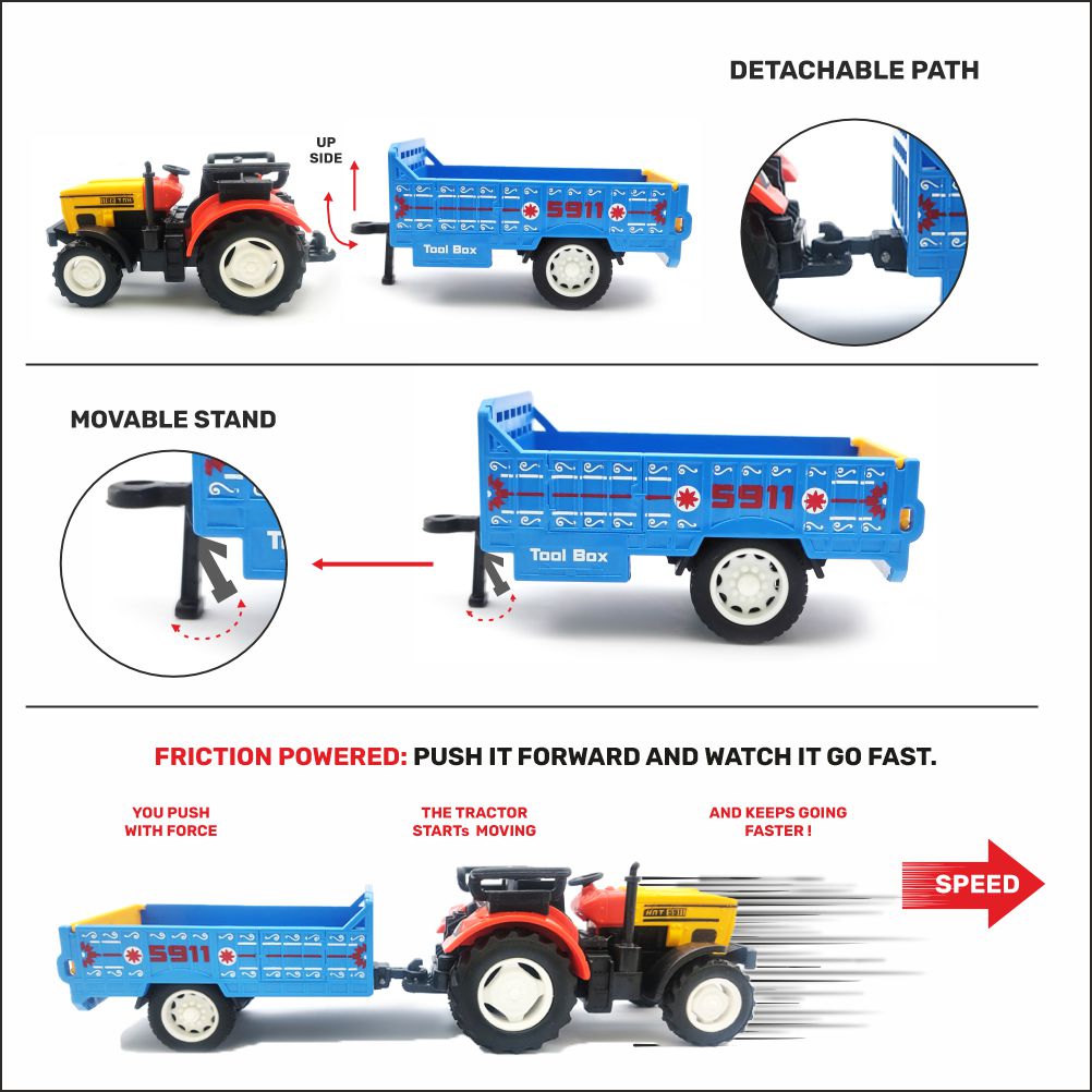 Centy Tractor Trolley Toy (Blue Trailer) | Friction Powered Farm Tractor with Detachable Cargo Trailer for Kids Age 3+