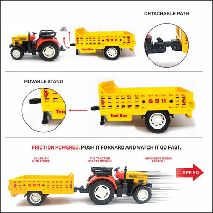 Centy Tractor Trolley Toy | Friction Powered Farm Tractor with Detachable Yellow Cargo Trailer for Kids Age 3+