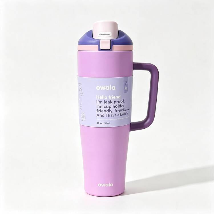 Owala FreeSip 40 oz (1183 ml) Insulated Stainless Steel Tumbler with Built-In Straw, Side Handle and Leakproof Push-Button Lid – Pink & Purple