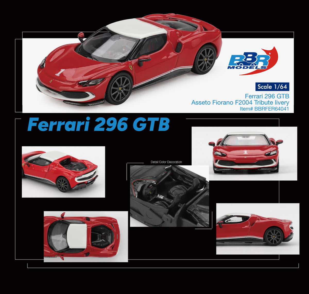 BBR Models Ferrari 296 GTB Assetto Fiorano F2004 Tribute Livery 1:64 Scale Premium Die-Cast Collectible Model Car – Red & White Racing Edition