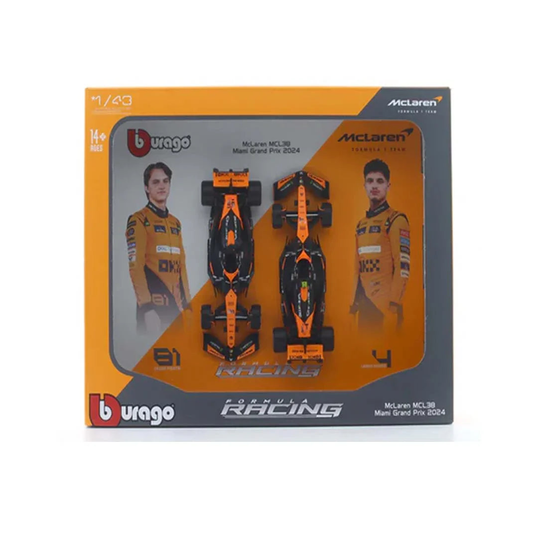 2024 McLaren MCL38 set of 2 cars 1:43 Bburago Formula 1 diecast scale model car - Jaiman Toys