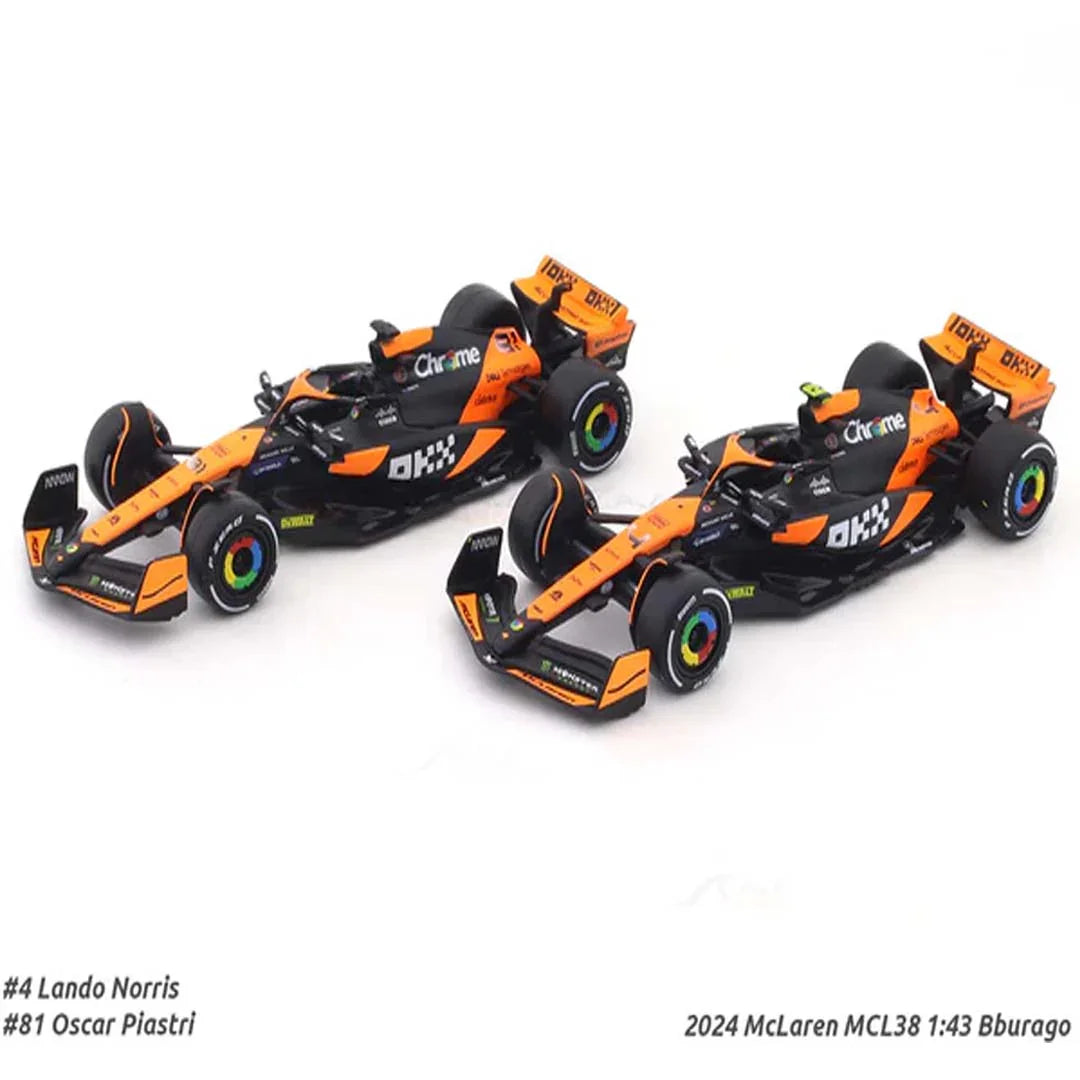2024 McLaren MCL38 set of 2 cars 1:43 Bburago Formula 1 diecast scale model car - Jaiman Toys
