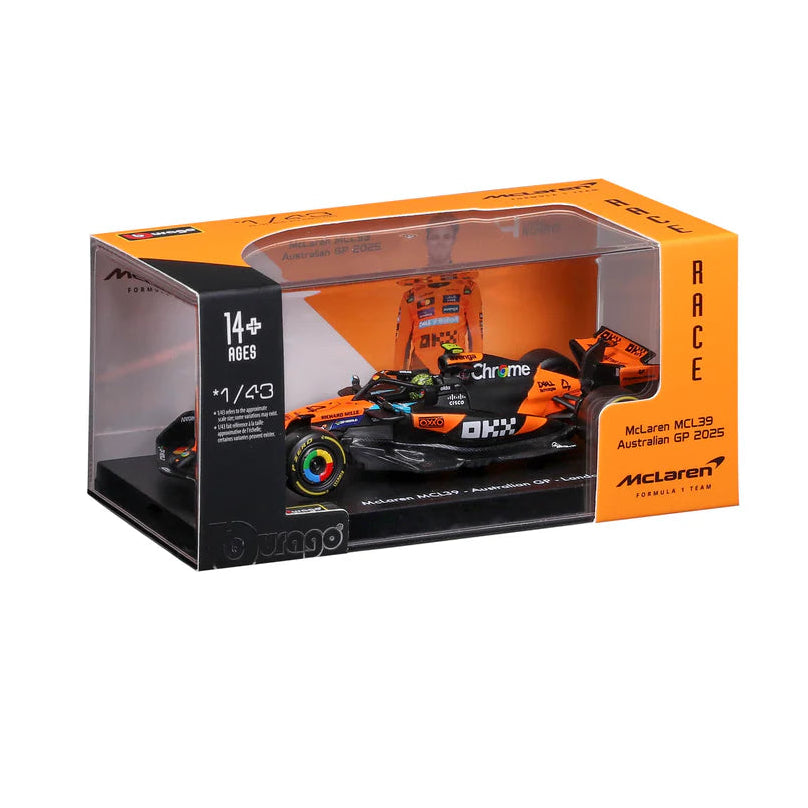 Bburago 1:43 McLaren MCL39 #4 Lando Norris 2025 Formula 1 Diecast Car with Display Base & Case