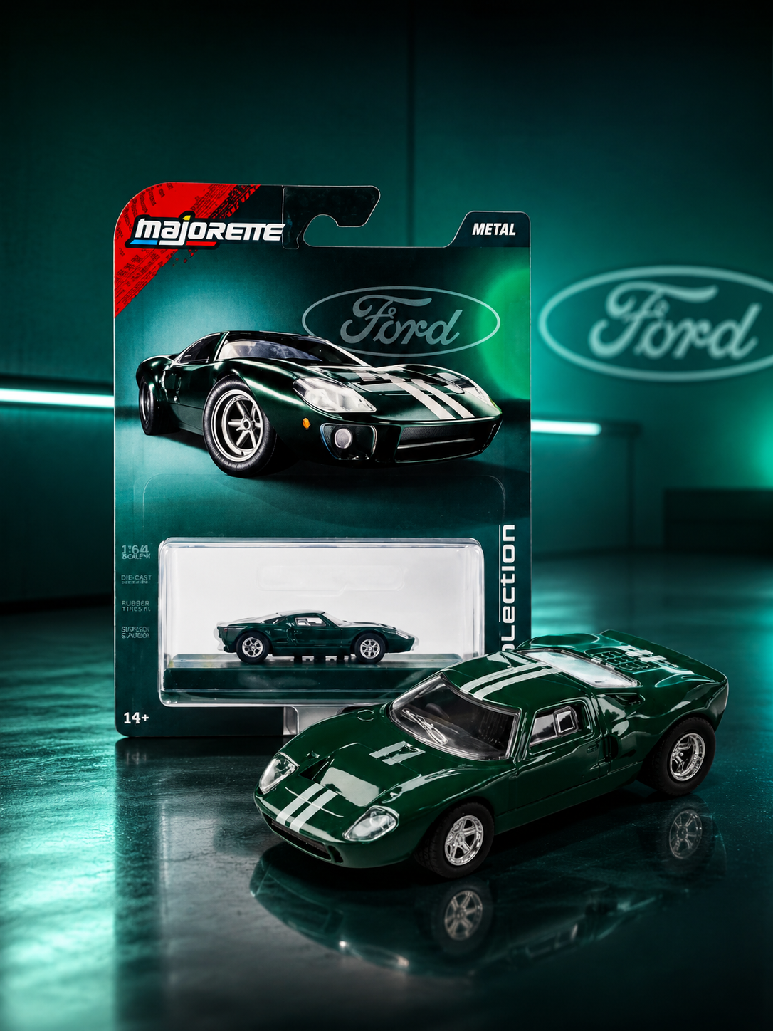 Majorette 1:64 1965 Ford GT40 Mk1 Green Die-Cast Model Car with Display Case – Collection Series