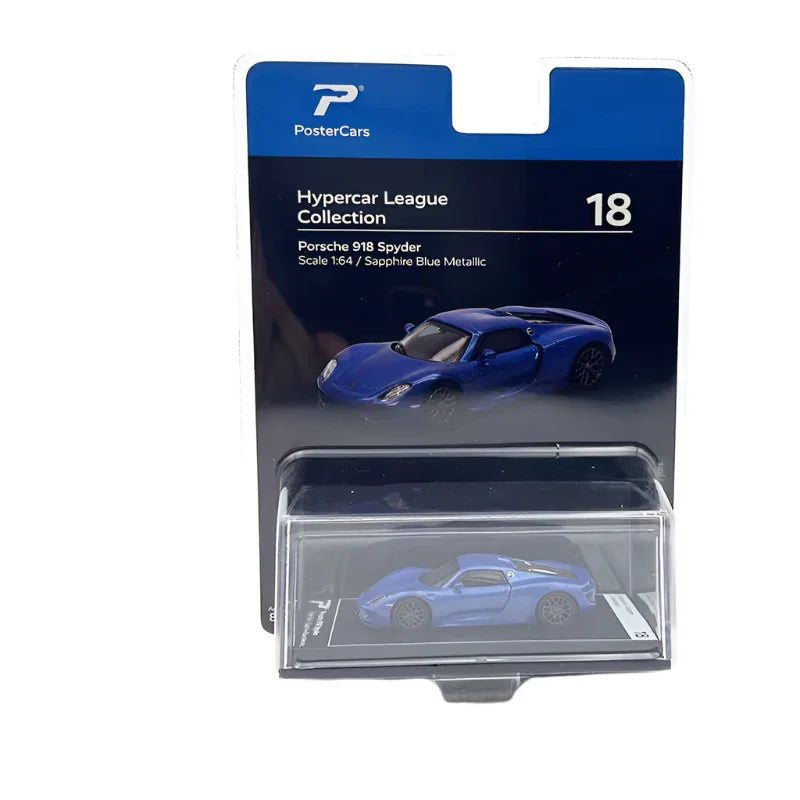 PosterCars 1:64 Porsche 918 Spyder – Sapphire Blue Metallic | Hypercar League Diecast Model for Collectors - Blister Pack - Jaiman Toys