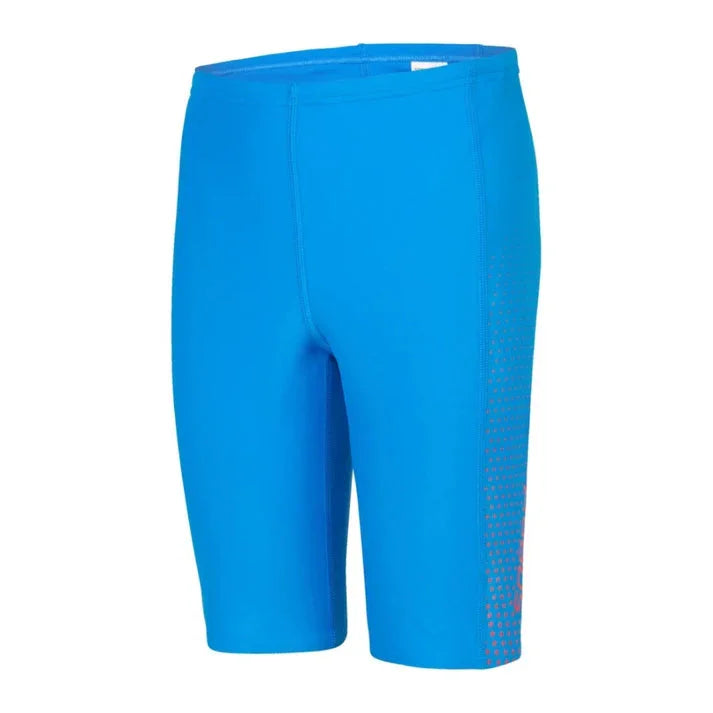 Speedo Boy's Gala Logo Panel Jammer – Brilliant Blue & Fed Red, Size 30 | Chlorine Resistant & UV Protection - Jaiman Toys